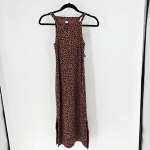 Old Navy brown leopard print ribbed bodycon side slit summer work dress midi